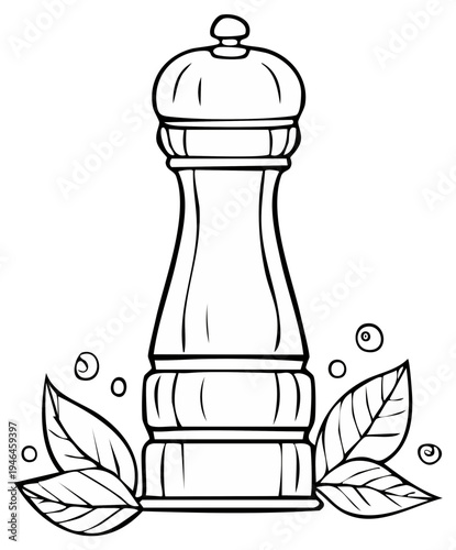 Line art of a Pepper mill surrounded by peppercorns and basil leaves for coloring books and graphics.