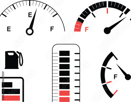 Fuel Gauge Indicator Vector Set Featuring Gas Tank Meter Illustrations Car Dashboard Level Symbols Petrol Measurement Icons Empty to Full Scale Automotive Graphic Collection