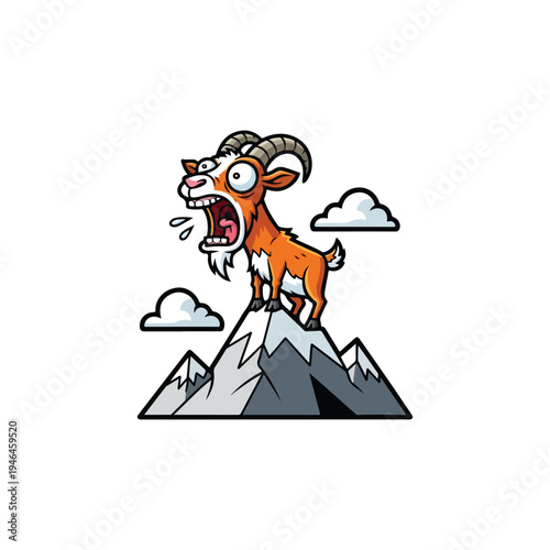 Hilarious cartoon screaming goat standing triumphantly on a mountain peak vector