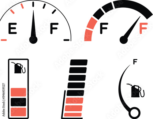 Fuel Gauge Indicator Vector Set Featuring Gas Tank Meter Illustrations Car Dashboard Level Symbols Petrol Measurement Icons Empty to Full Scale Automotive Graphic Collection