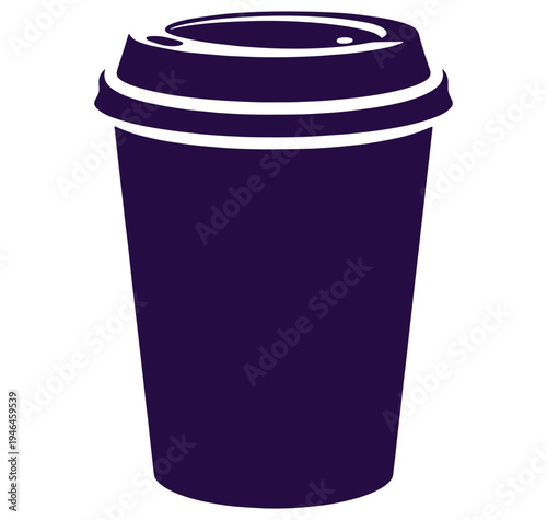 Dark purple disposable coffee cup with white stripes and lid on white background
