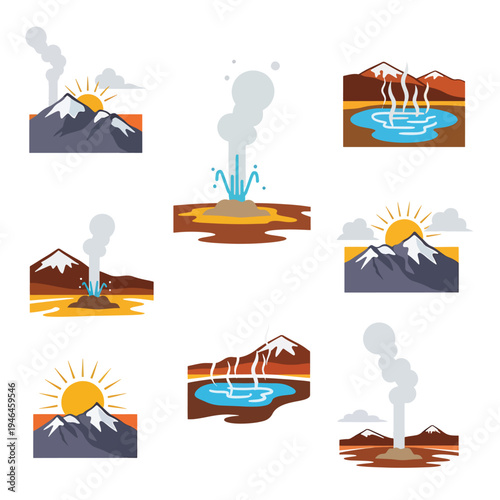 Geothermal Activities and Landscape Icon Set