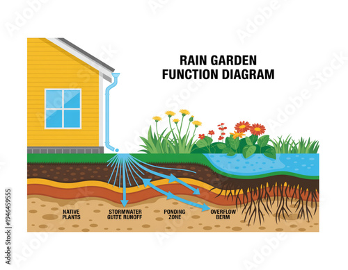 A detailed diagram of a rain garden function, illustrating how it manages stormwater runoff from a house, on transparent background