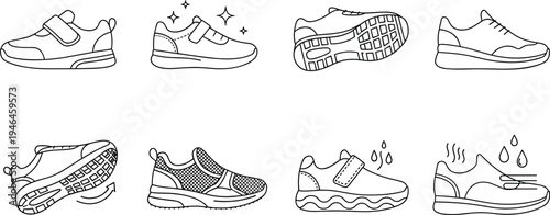 Sport sneakers and running shoes line icons set, athletic footwear, breathable mesh, waterproof sole, comfort sneaker vector