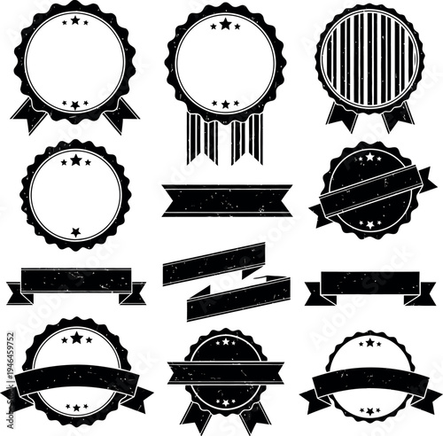 Collection of black and white ribbon badges and labels