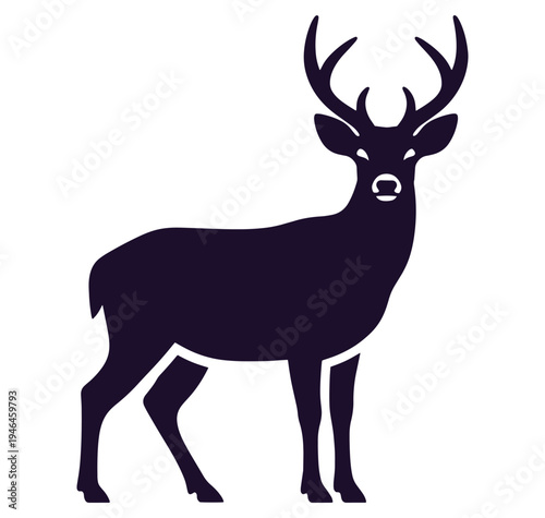 Deer silhouette with large antlers standing alone on white background