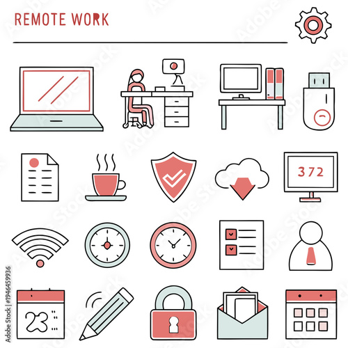 Remote work icons set, business productivity, office tools, technology