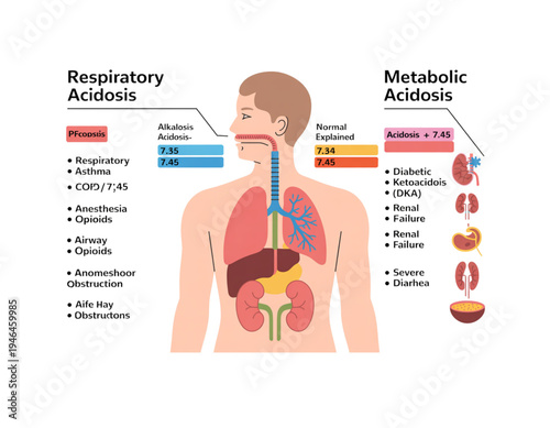 A medical illustration of the human body showing respiratory and metabolic acidosis on transparent background