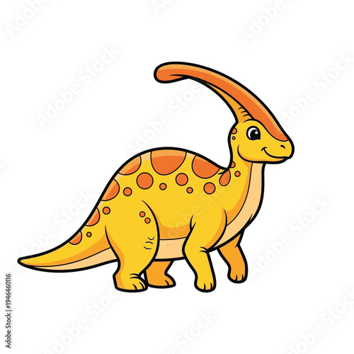 Adorable cartoon Parasaurolophus dinosaur with orange spots, standing on a white background, rendered in a friendly, simplified vector art style, perfect for children's educational content.