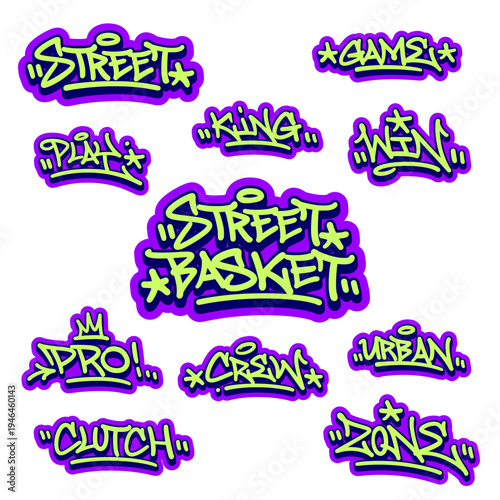 Massive Set of 11 Street Basketball Graffiti Tags in Purple and Green Style for Urban Stickers and Apparel.