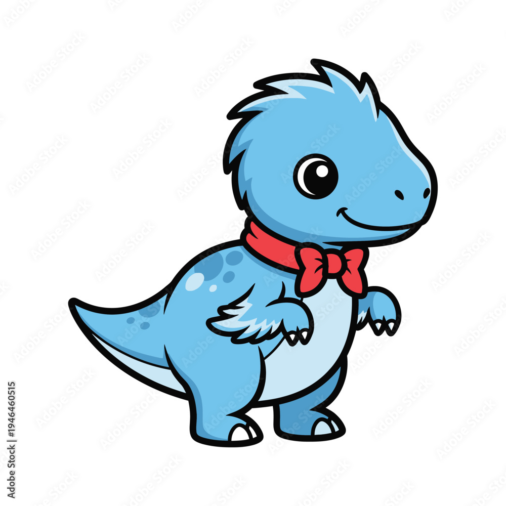 Obraz premium Adorable blue cartoon dinosaur wearing a red bow tie, standing proudly with a friendly smile, stylized in a charming, whimsical, and playful vector art for children's designs.