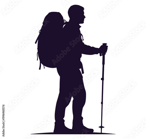 man with backpack and trekking pole standing on white background