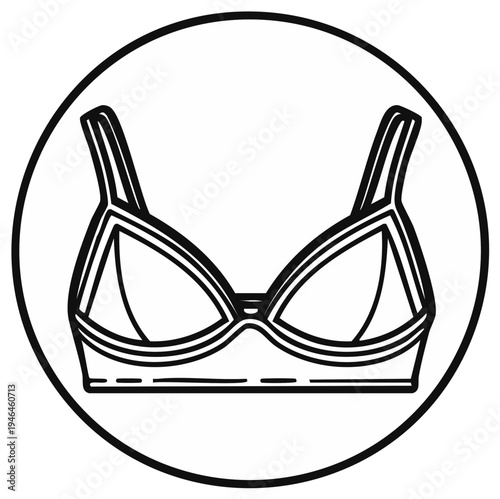 Bra illustration inside a circle. Black and white vector design.