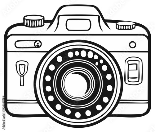 Stylized Camera Illustration with Lens Detail in Black and White Simple line art