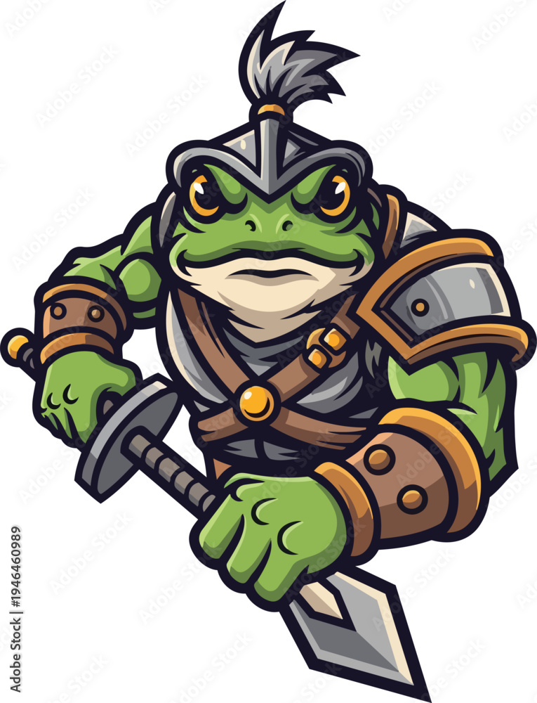 Obraz premium Cartoon frog warrior holding sword vector illustration