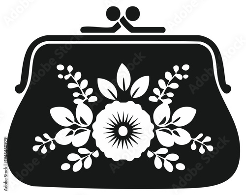 Black kiss lock clutch purse adorned with white floral and botanical decorative elements