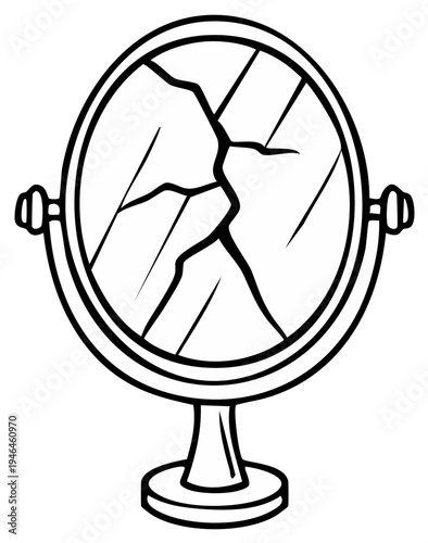 Cartoon drawing of broken oval mirror, cracked glass, vintage vanity design
