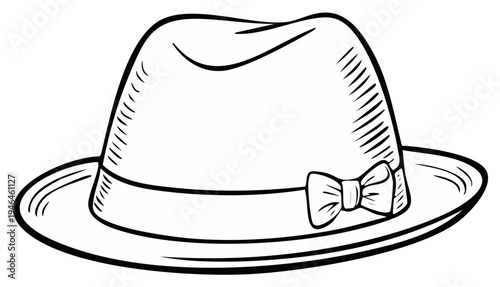 Classic Fedora Hat with Ribbon and Bow Illustration Hand Drawn Sketch Style