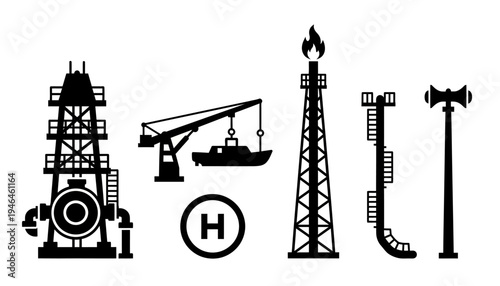 Oil and Gas Industry Vector Icons Set Offshore drilling rigs, exploration platforms, and industrial energy extraction machinery silhouettes