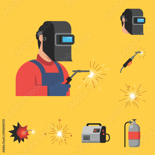 Welder and Welding Equipment Flat Design Vector
