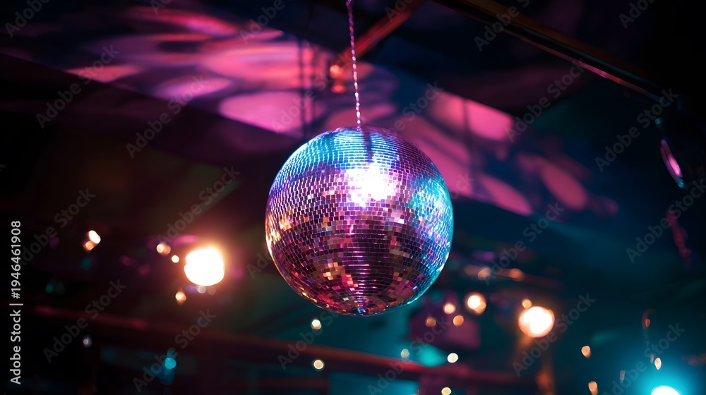 Obraz premium Sparkling nightclub disco ball reflects vibrant light creating a lively festive party atmosphere