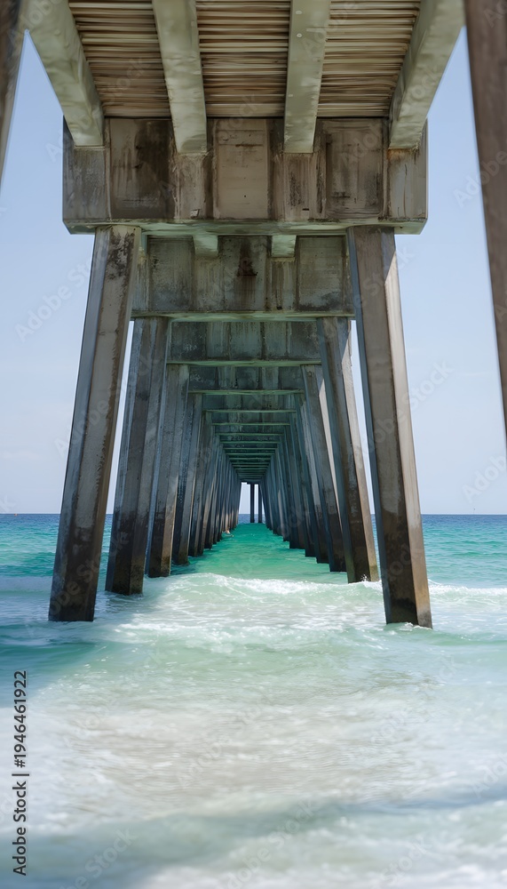 Fototapeta premium Navarre Beach Pier serenity turquoise waters warm sunlight coastal landscape tranquil Florida scene