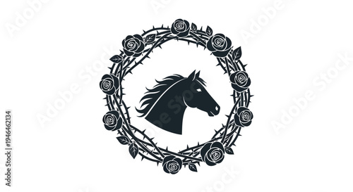 Black Horse Head in Floral Wreath.