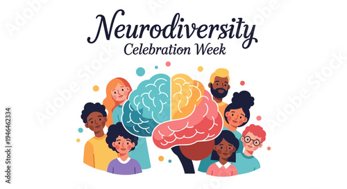 Illustration of diverse people celebrating Neurodiversity Celebration Week with a colorful brain design in a vibrant and inclusive graphic.
