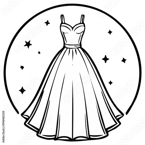 Elegant Formal Dress with Stars in a Circle, Fashion Illustration, Black and White Line Art Design