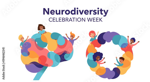 Vector illustration of diverse people forming a colorful circle for Neurodiversity Celebration Week with vibrant hues and inclusive design elements.