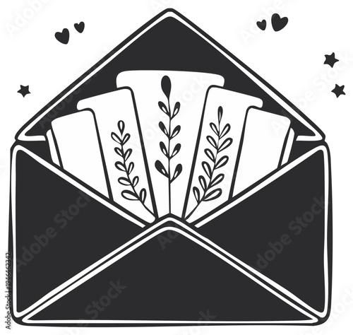 Open envelope with handwritten letters and floral illustrations surrounded by hearts and stars