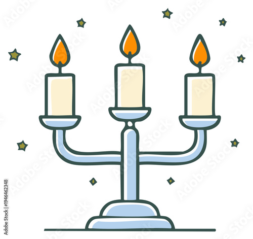 Elegant candelabra with three burning candles surrounded by stars hand drawn illustration
