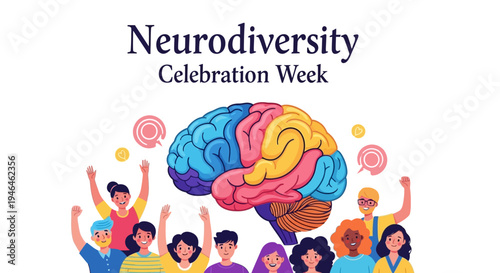 Illustration of diverse people celebrating Neurodiversity Celebration Week with a colorful brain graphic and thought bubbles, conveying awareness and acceptance with a vibrant and joyful