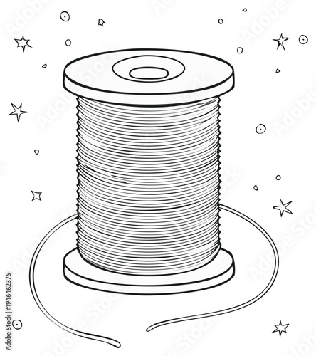 Spool of thread line art with stars on white background, sewing notions, handmade craft design element