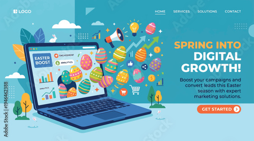 Spring Into Digital Growth: Easter Marketing Campaign Laptop with Decorative Eggs, Analytics, and Business Icons Vector Illustration for Website Banner