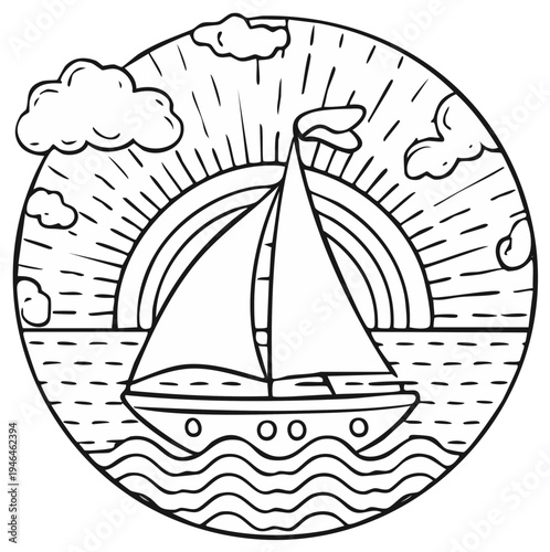 Whimsical sailboat navigates ocean waves under radiant sun and rainbow surrounded by fluffy clouds circle illustration