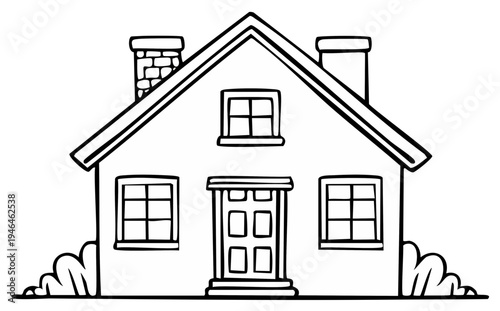 Simple Line Drawing of a Traditional House with Chimneys and Windows