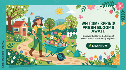 Welcome Spring! Fresh Blooms Await. Discover Our Spring Collection of Seeds, Plants, & Gardening Supplies. Shop Now. Vector illustration of a woman pushing a wheelbarrow full of flowers in a