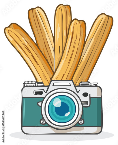 Sweet churros bursting from a classic teal camera lens a fun food and photography illustration
