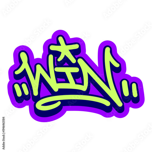 Win Word Illustration in Bold Purple Graffiti Tag Style for Basketball Victory and Competitive Sport Branding.