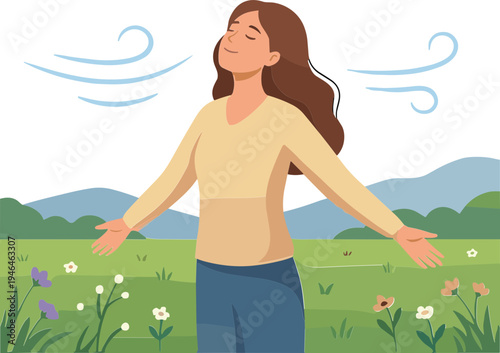 A woman stands in a serene field of flowers with her arms outstretched feeling joyful outdoors.