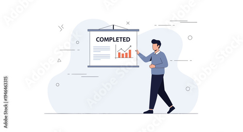 Man presenting 'COMPLETED' on a whiteboard with a business graph