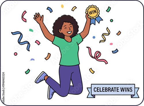 A woman jumping up celebrating with confetti and a trophy in her hand.