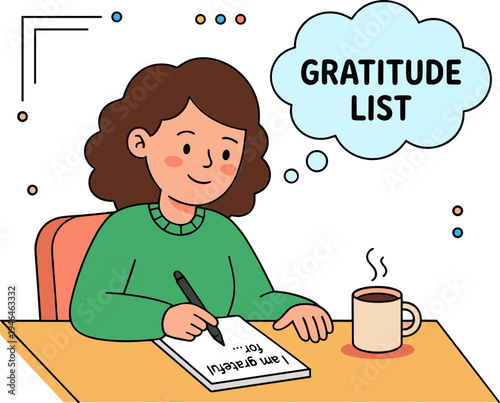 Woman sitting at desk writing gratitude list with coffee