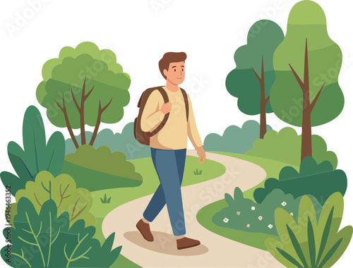 Man walks on path in a green park with trees and plants