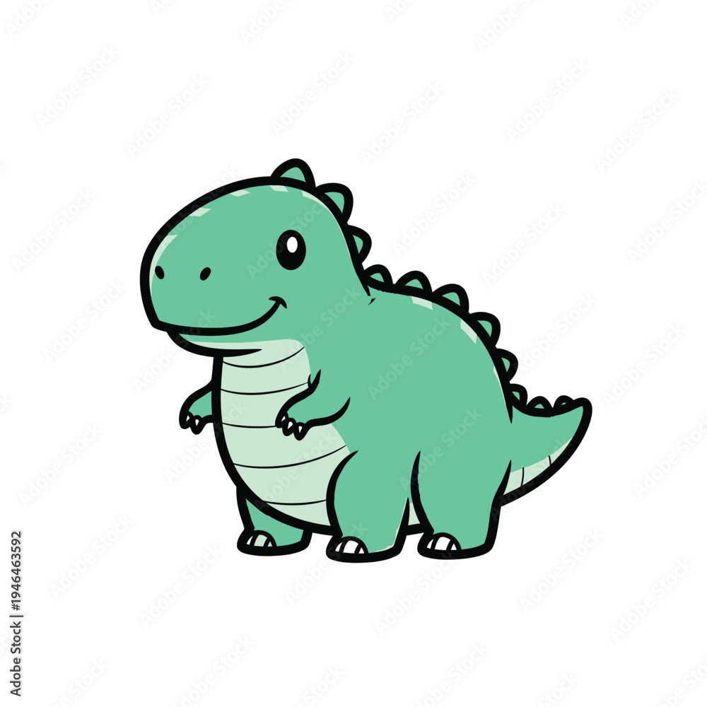Fototapeta premium Adorable cartoon dinosaur with a cute, plump green body and smiling face, rendered in a simple, friendly, and whimsical style, perfect for children's books or playful graphic design projects