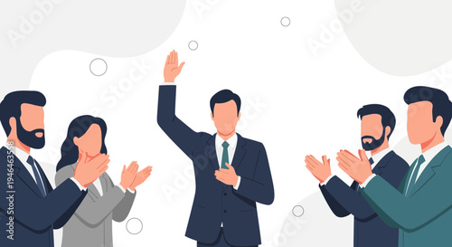 Successful businessman waving to applauding colleagues, celebrating achievement.