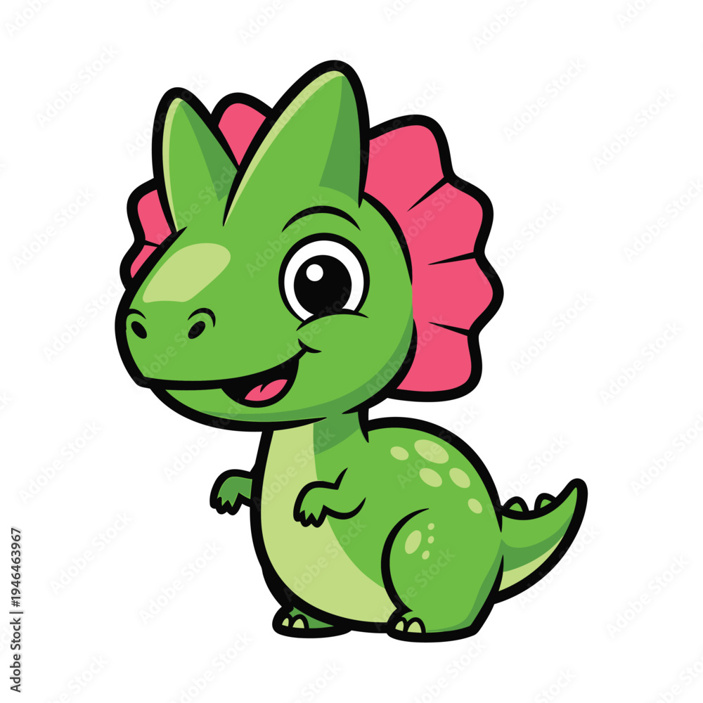 Fototapeta premium Adorable baby green Triceratops dinosaur character, smiling, with pink frill, cartoon style, isolated on white background, perfect for children's books and educational materials.