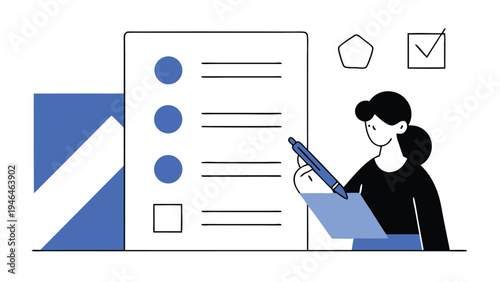 A woman stands next to a giant clipboard with a checklist marking a box symbolizing task completion and project management  abstract concept vector illustrations
