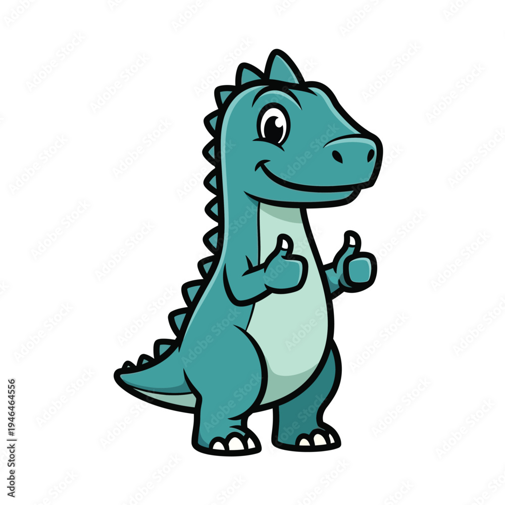 Naklejka premium Friendly turquoise cartoon dinosaur giving two thumbs up with a happy smile, symbolizing approval and positivity in a clean, vector graphic style.